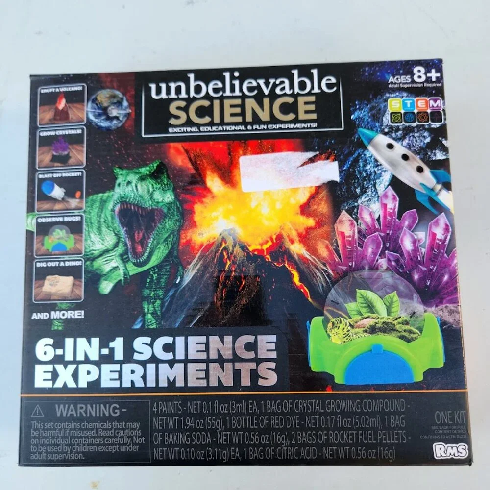 NEW Unbelievable Science 6 in 1 Experiments Set Kit Volcano Crystals Rocket